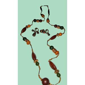 Vintage Beaded Necklace & Clip-On Earrings Set With Amber Green & Gold Accents